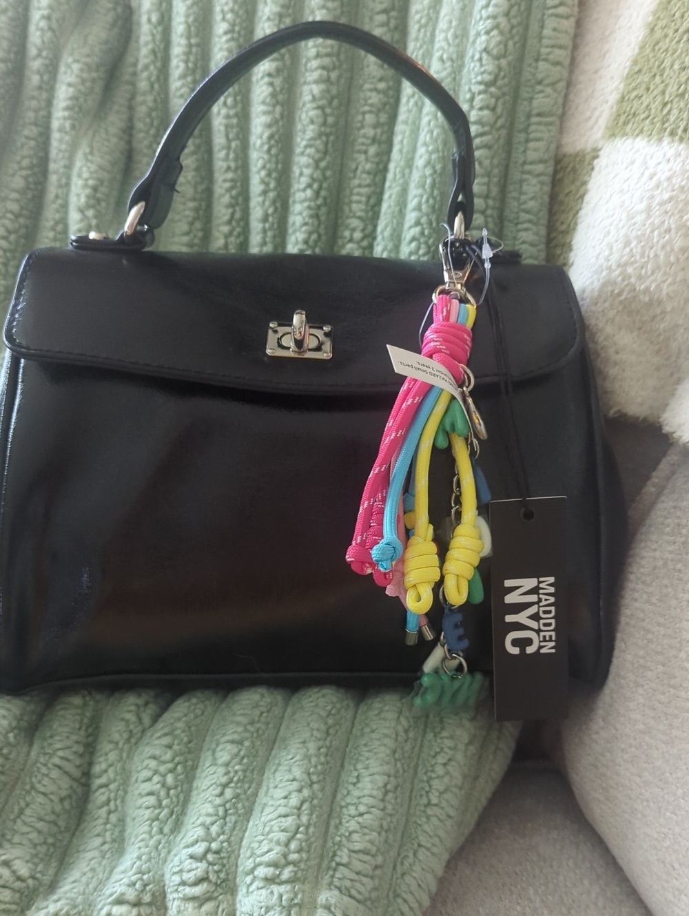 Madden NYC Black Patent Top-Handle Satchel with Multicolor Tassel Charm